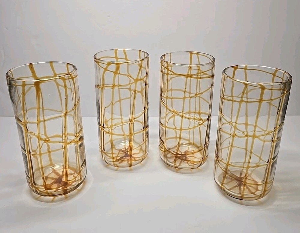 Set Of 4 Vintage Hand Blown Butterscotch Orange Drizzle Clear Glass Tumblers