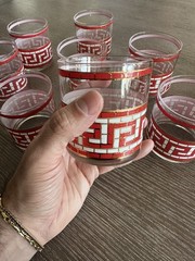 Vintage Mid-Century Barware Set | Red, White & Gold Greek Key Pattern – Set of 8