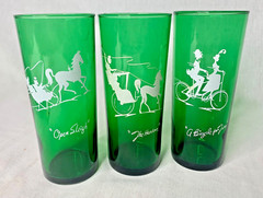 VTG Anchor Hocking Green HighBall Glasses 1 Hansom 1 Open Sleigh 1 Bicycle for 2