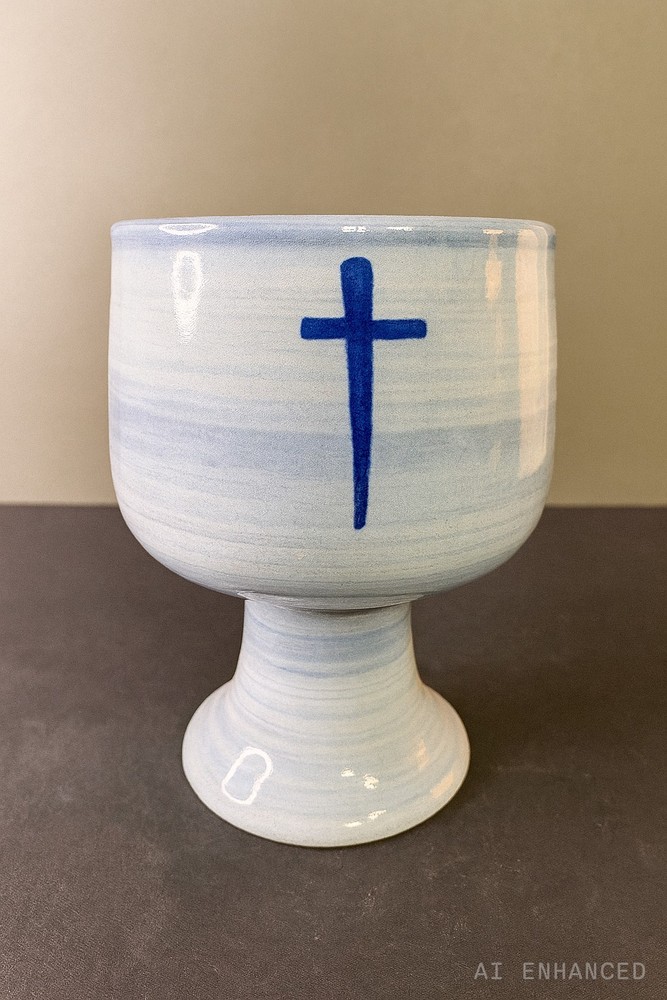 Louisville Stoneware Blue Chalice – Christian Cross Goblet – Handmade Pottery