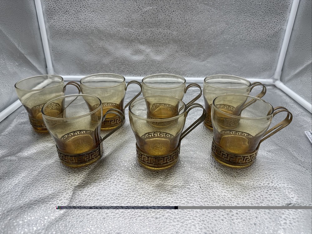 Vintage MCM Libbey Gold Greek Key Continental Glass Coffee Cups Mugs – Set of 7
