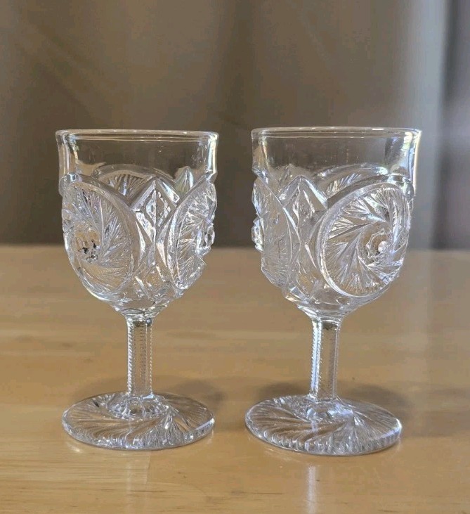 Aztec Tiny Wine Glasses McKee & Brothers 1894 EAPG Antique Set Of 2