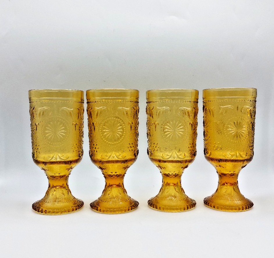 Vintage Brockway Glass American Concord Amber Footed Goblets 9oz SET OF 4
