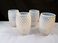 Set of 4 Fenton French Opalescent Glass Hobnail Barrel Tumblers 4 3/4″ Tall