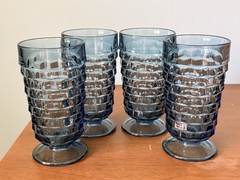 Indiana Glass Whitehall Colony Riviera Blue Cubist Glasses Set of 4! Retro 70’s