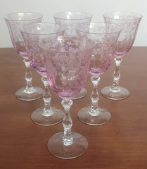 6 Set FOSTORIA Elegant Glass NAVARRE Stems PINK Etched CLARET WINE GOBLETS 4 Oz