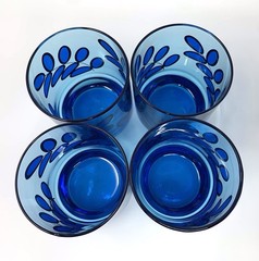 Set of 4 Vtg J Wm Hale Cobalt Blue Leaf High Ball Tumbler Glasses 14oz Stackable