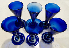 6 Murano Art Glass Cobalt Blue Swirl on base Hand-blown Wine Glasses 7″h