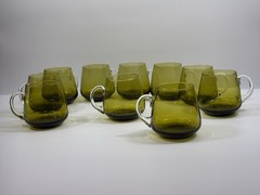 Set 10 Kumela Riihimaki Finland Olive Green Art Glass Mugs Sirkku Kumela MCM