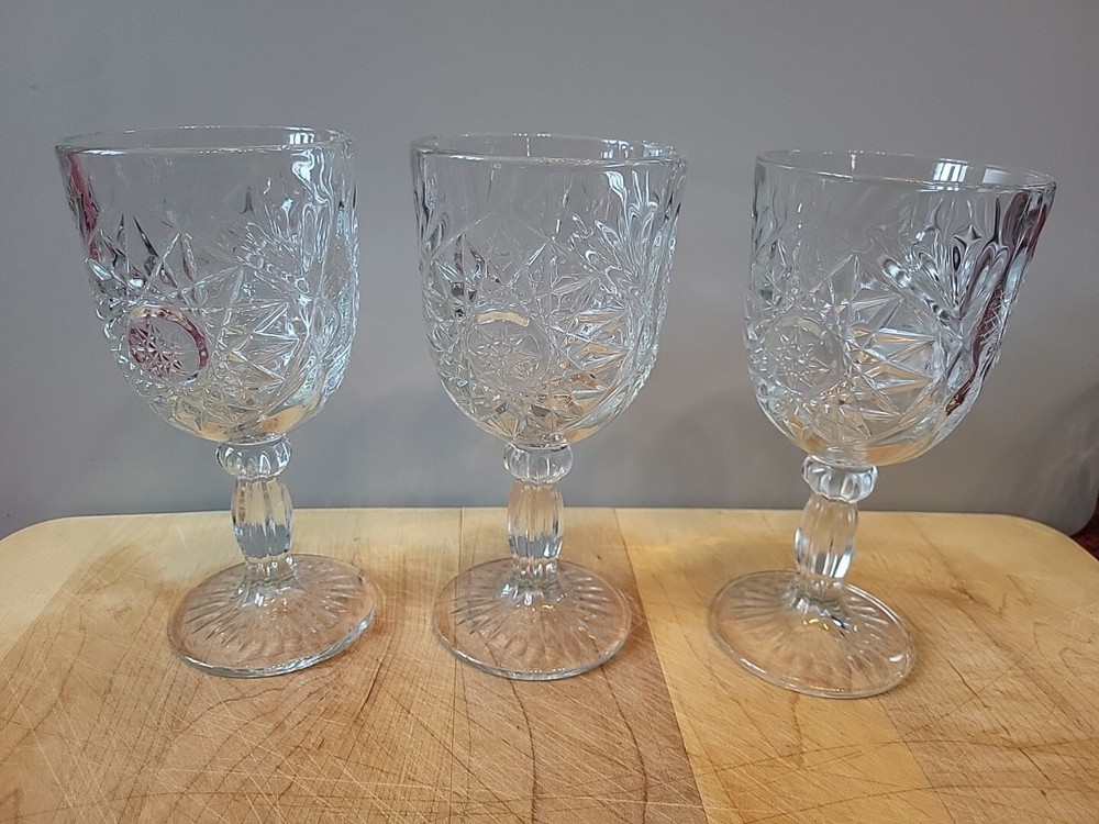 Libbey Hobstar Elegant Thick Cut Pressed Glass 7.25 Stemware Star Of David Set 3