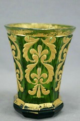 Bohemian Harrach Raised Gold Empire Scrolls Green Cut Spa Glass Tumbler 1830-60