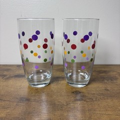 Lot of 2 Highball Drinking Glass Tumbler Pampered Chef Mixed Polka Dots 6″ 17oz