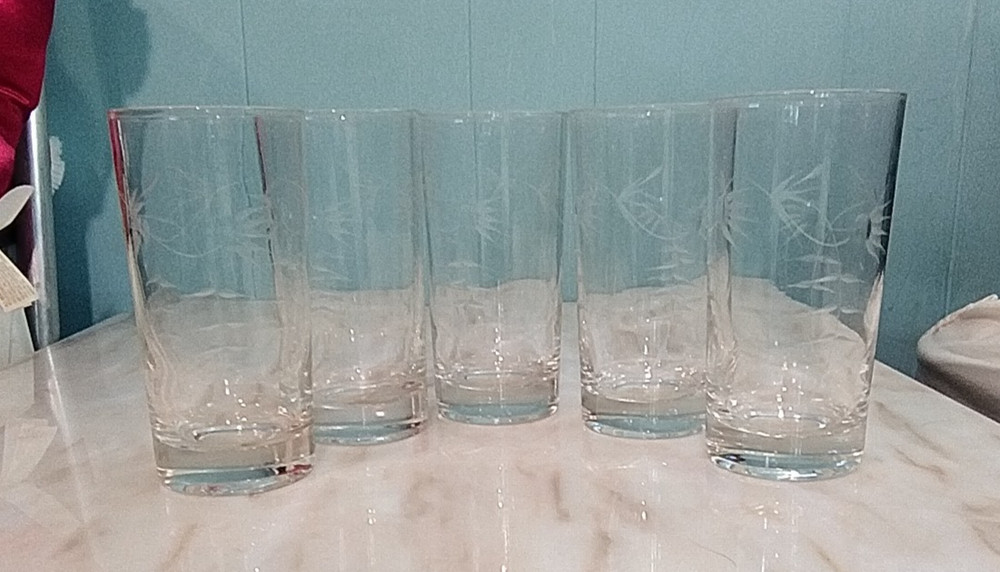 5x Etched Floral Juice Glass Clear Tumbler 5.5″ LOT OF 5