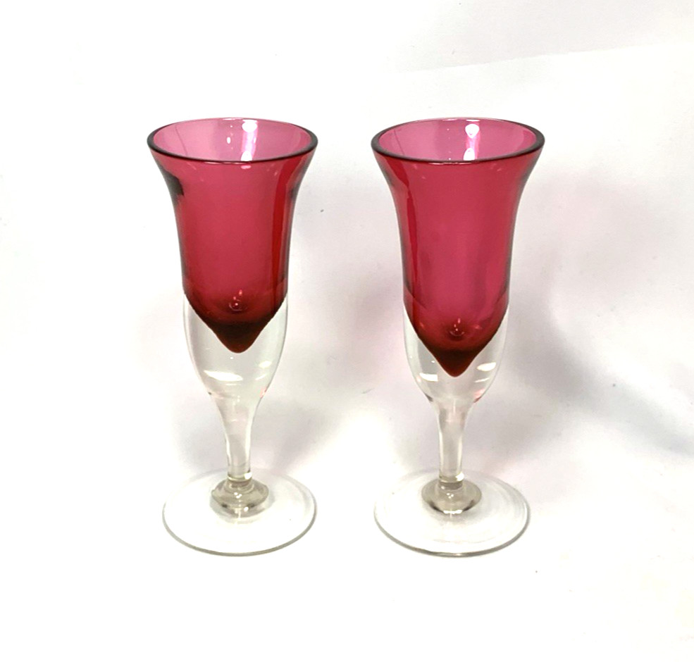 Ruby Cordial Glasses Tulip Heavy Clear Stem 5.25″ Set of 2 Red Bohemian