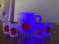 Vintage 1950’s Hazel Atlas Frosted Tomato 5 Piece Juice Set Marked Logo H Over A