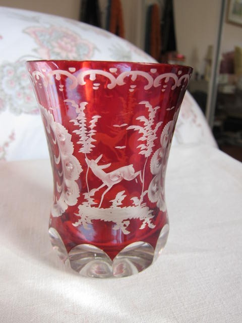 Bohemian Ruby Glass Beaker~Deer & Stag~ Concave Base, Thick Crystal, c.1880