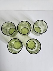 Set Of 5 Vintage Glass Juice Tumblers Green Diamond Lattice Honeycomb Snakeskin