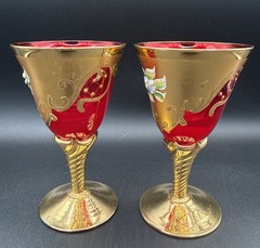 Vtg Pair Of Italian Moran’s 24kt Gold Trim And Red, Painted Wine Glasses
