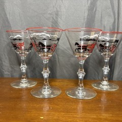 4 Vintage Libbey Cocktail Glasses Bar ware Harness Racing Horses Black Red