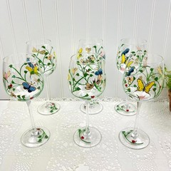 Lenox Set of 6 Butterfly Meadow Collection Clear Glass Wine Goblets Handpainted