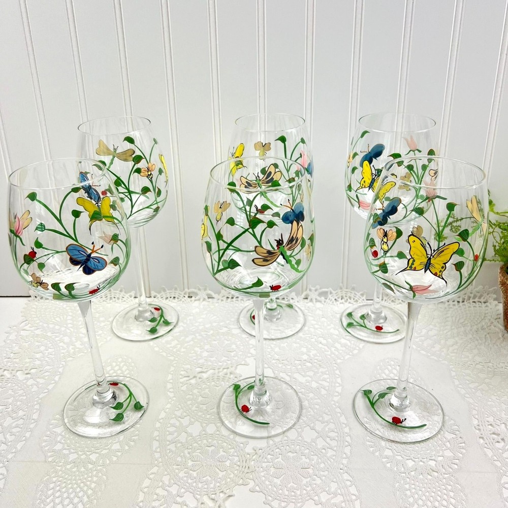 Lenox Set of 6 Butterfly Meadow Collection Clear Glass Wine Goblets Handpainted