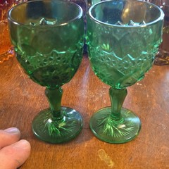 Unmarked Set of 2 Green Pressed Glass Stemmed Goblet Wine Glasses