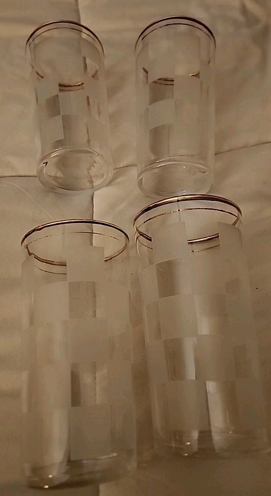 Four Federal Glass 12 oz Tumblers Clear & Frosted Checked With Double Gold Rim