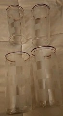 Four Federal Glass 12 oz Tumblers Clear & Frosted Checked With Double Gold Rim