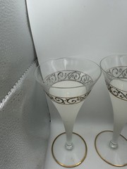 Vintage MCM Frosted White Champagne Cocktail Glasses Gold Silver Scroll Set of 4