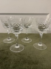 4 – Bohemian Cut Crystal WINE GLASSES Hobstar Thumbprint 5.5” Vintage