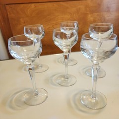 6 Clear Wine Glasses Long Stemmed w Hexagon Shaped Stems 8 1/4″ Vintage