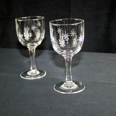 Vintage Etched Starburst Atomic MCM Cordial Shot Stemmed Glasses Set Of 2