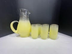 Vintage Yellow And Gold striped Juice Pitcher With Six Glasses