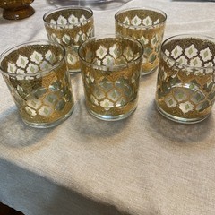 MCM Culver Valencia 22 kt Gold & Green Diamond (5)Old Fashioned Glasses 3 1/2”