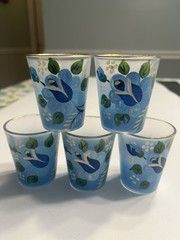 Blue Floral Flower Print Hand-Painted Glasses With Gold Rim Vintage 5pc