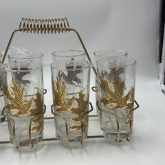 Vintage Libbey Gold Leaf High-ball Frosted Glasses 8-Piece Set – Metal Carrier