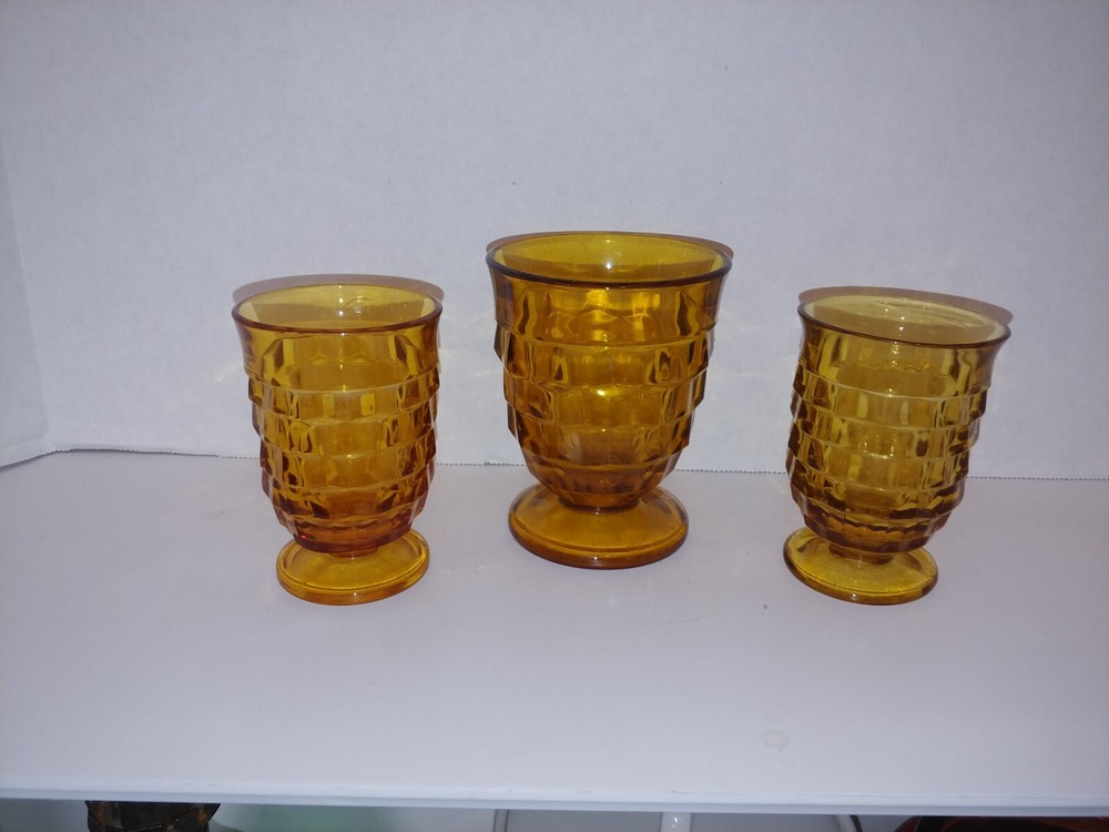 3 Amber Indiana Glass Whitehall Cubist Juice Glasses. See Description for size.