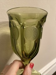Vintage Fostoria Olive Green 1887 Coin Pattern #1372 Line Glass Goblet 6.5”