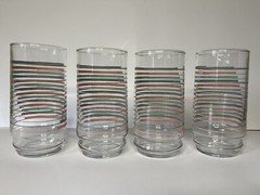 MCM Vintage Tumbler Glasses Set Teal Turquoise Grey Pink Striped Pattern