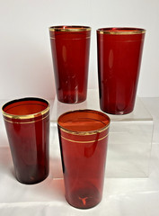 Set of 4 Ruby Red Glass Tumblers Vintage 4 3/4″ Gold Trim Bands