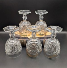 US Glass Comet Pattern Stemmed Goblets Gold Rim Buzz Star Whirligig Set of 5