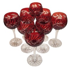 SET of 8 Vintage BOHEMIAN Style RUBY RED Cut to Clear CRYSTAL WINE GOBLETS Glass