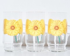 Vintage 1970s Sunflower Retro Glass Summer Drinking Highball Glasses Set of 8