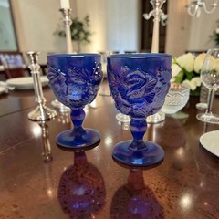 Vtg Fenton Cobalt Blue Madonna Inn Wild Rose Mosser Wine Glass Goblets Set Of 2