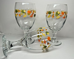 LIBBEY CRISA AUTUMN LEAVES ACORNS VINTAGE WATER WINE GOBLETS STEMWARE SET 3