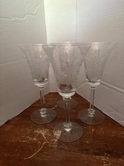Vtg Fostoria etched crystal water goblets Meadow Rose Trympet shaped