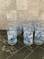 Libbey 10 oz glasses Frosted Blue bird and flower 5.25” X 2.50” Set of 11
