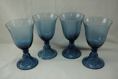 4-Blue Glass Water Goblets or Iced Tea Glasses w/ Bell Bottoms, 7 3/8″ (B21)