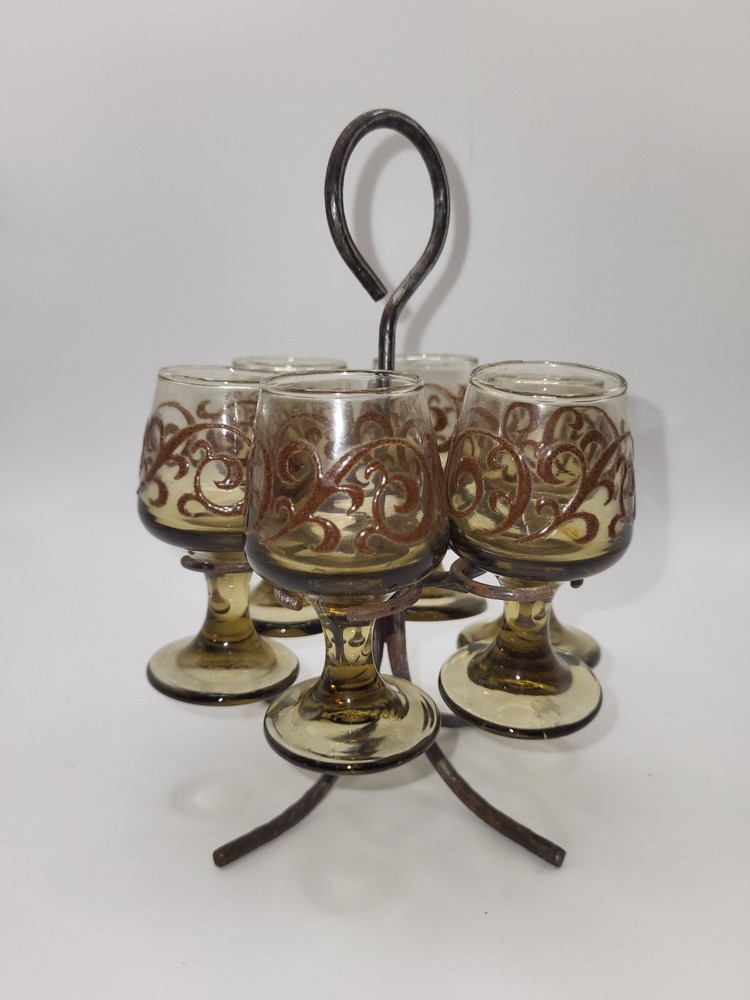 VTG Set of 6 Libby Prado Brown Swirl Cordial Shot Glasses with caddy