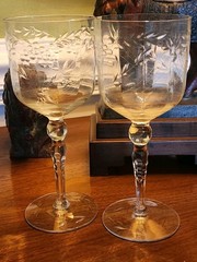 Pair of GLASTONBURY LOTUS Clear Polished Cut Glass Floral 7.5″ Water Goblets